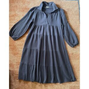 Umgee USA Navy Blue Cotton Gauze Tiered Midi Dress Collared Size L